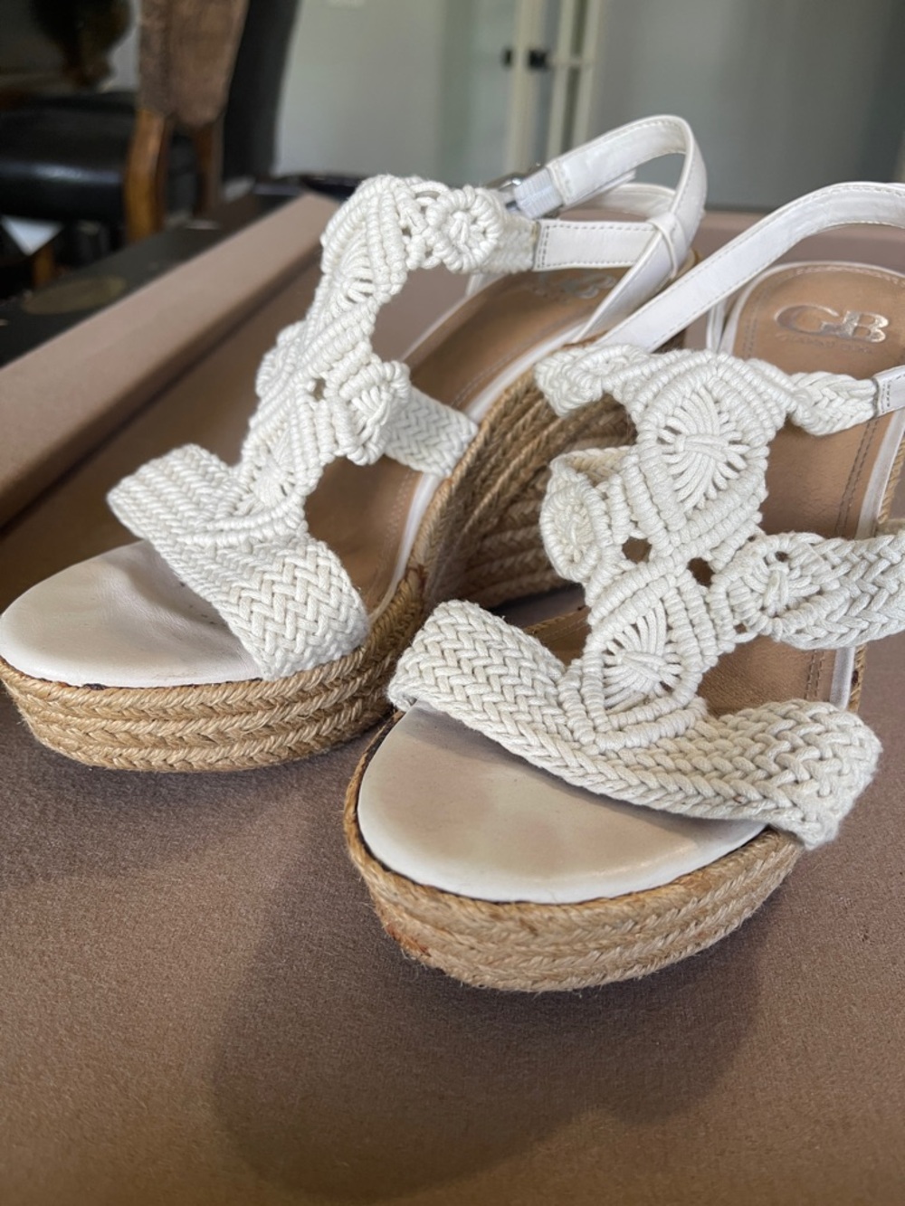 Gianni Bini White Macrame Espadrille Wedge Sandals